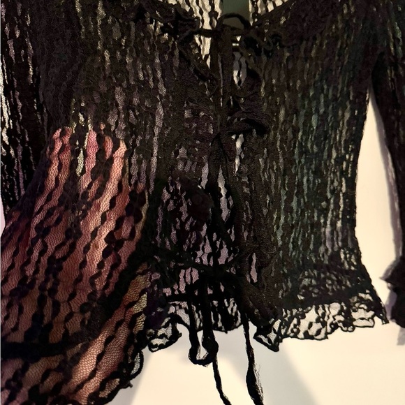 Lulus Flirty Aura Sheer Lace Ruffled Long Sleeve Tie-Front Top - Picture 6 of 9